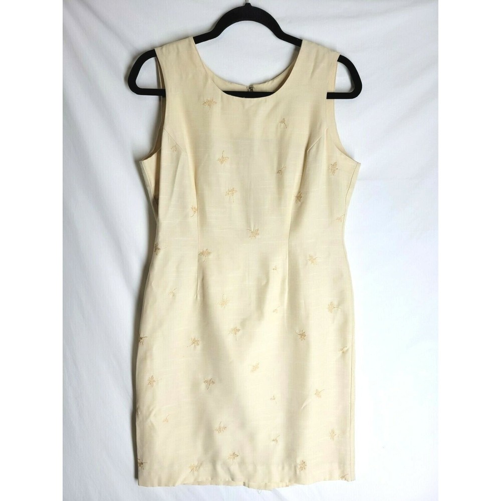 Vintage 90s Y2K NORTON McNAUGHTON Sleeveless Sheath Dress Tan Embroidered 8P